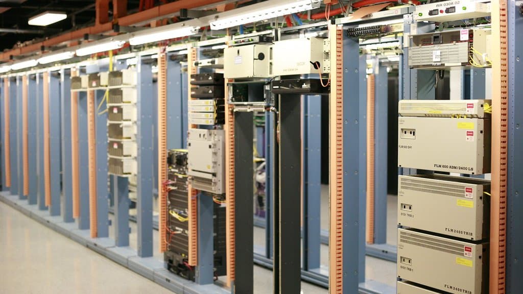 Rows of servers inside a data center, the kind of hardware used to train large AI models