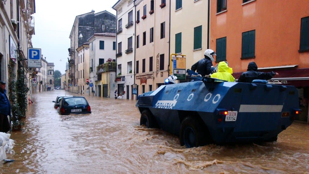 Flooded streets in Vicenza, Italy after heavy rainfall