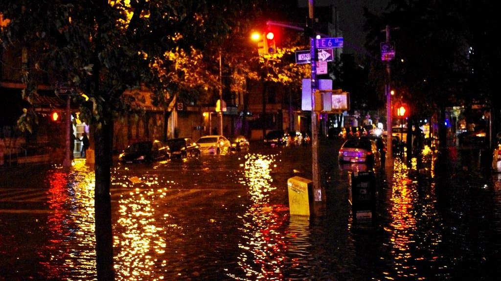 A city street submerged by floodwater