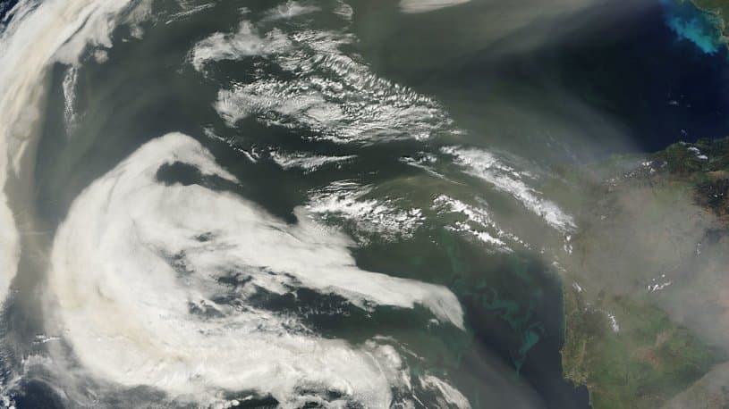 Satellite view of a plume of Saharan dust drifting from Africa over the Atlantic toward western Europe