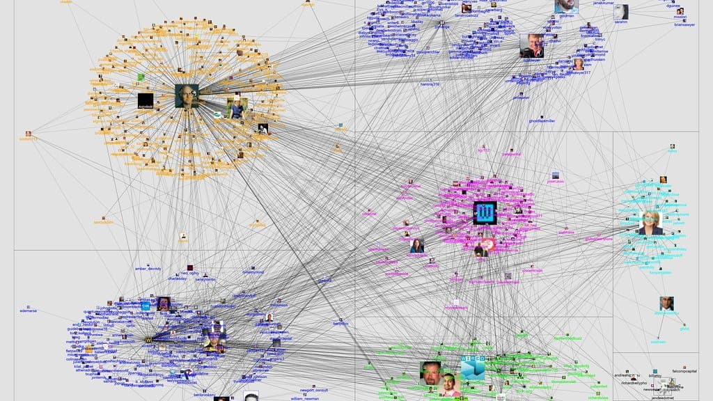 A dense node-and-edge network graph, hundreds of points connected by a tangle of lines into a web.