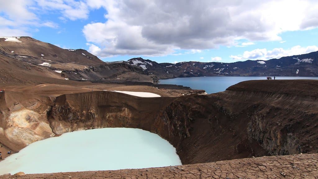 The Askja caldera in Iceland, a broad volcanic depression with a crater lake ringed by dark volcanic terrain