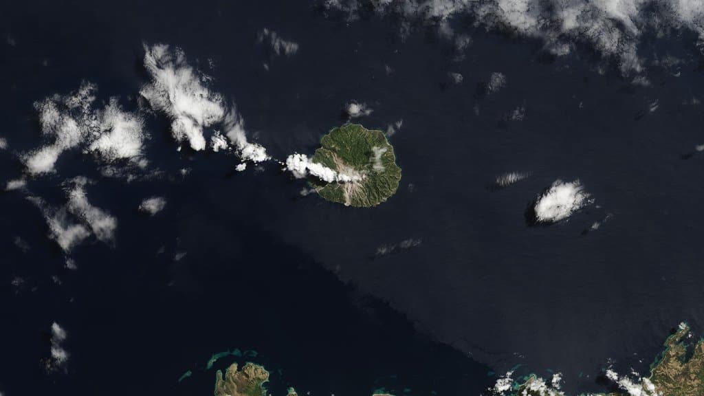 Satellite view of an ash plume from an explosive eruption at an Indonesian volcano