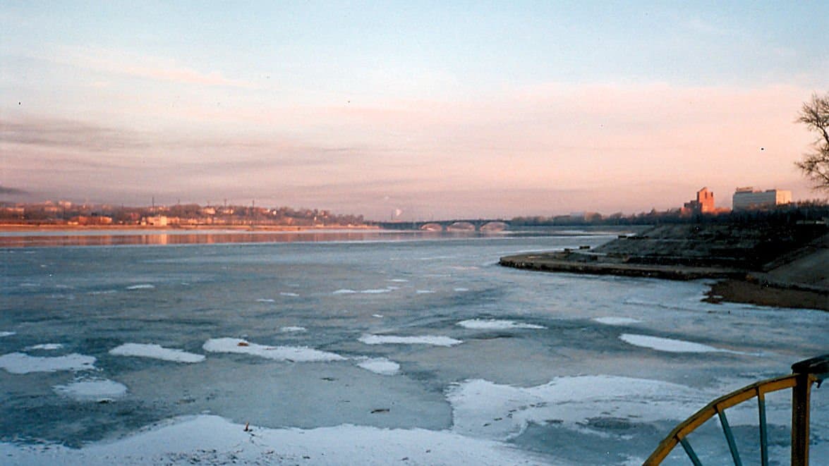 Wide view of the Angara River, the outflow of Lake Baikal, in southeast Siberia