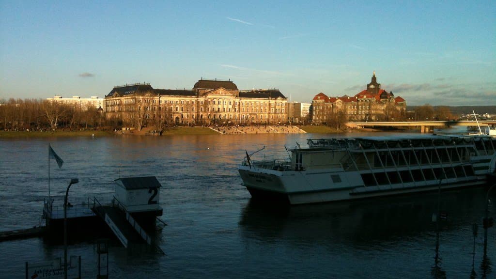 Floodwaters of the river Elbe inundating riverside areas of Dresden