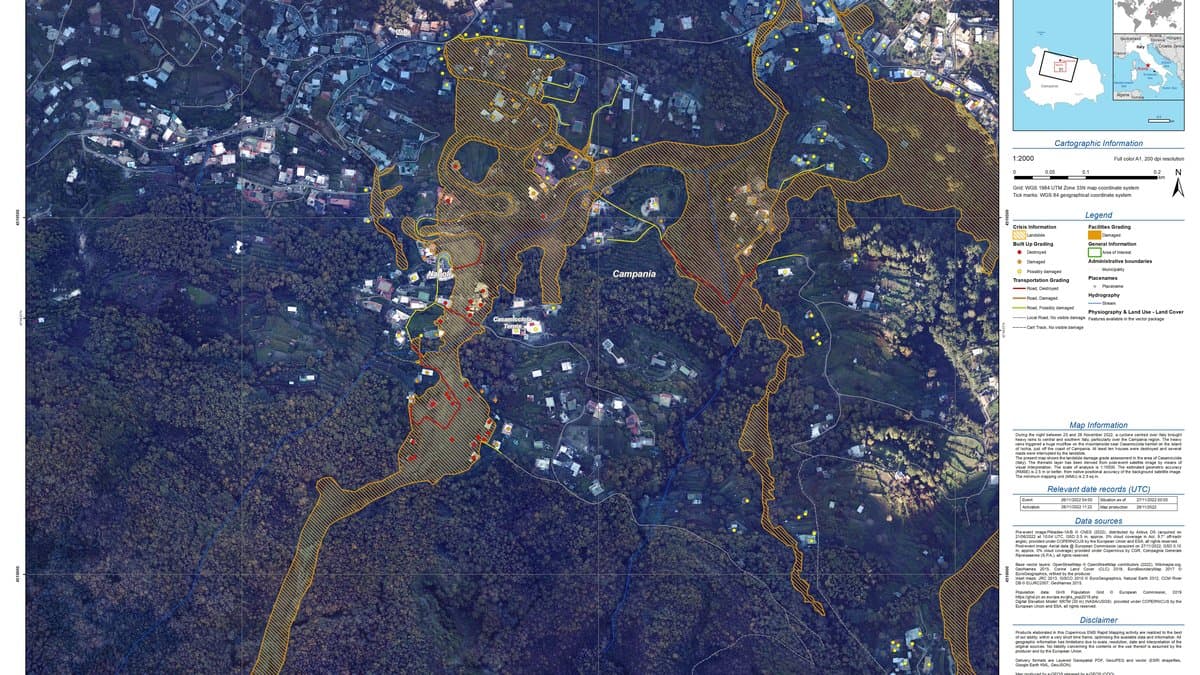 Satellite-based emergency map of a landslide affecting a hillside town in Italy