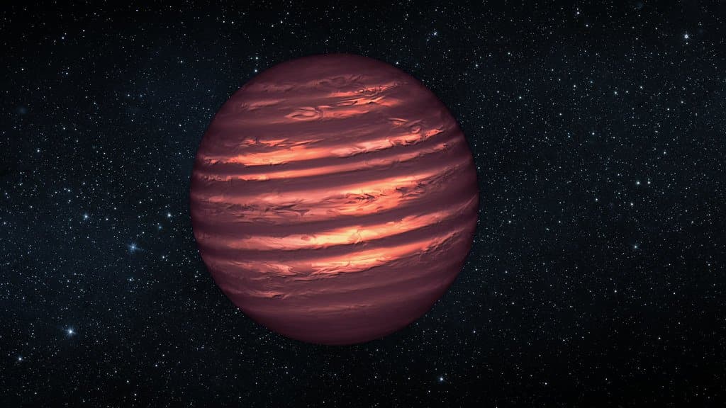 Artist's illustration of a cold brown dwarf with banded, cloudy atmosphere