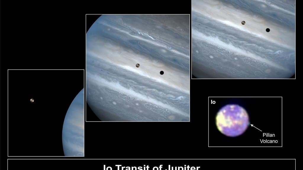 Jupiter's moon Io showing a volcanic plume erupting from its surface