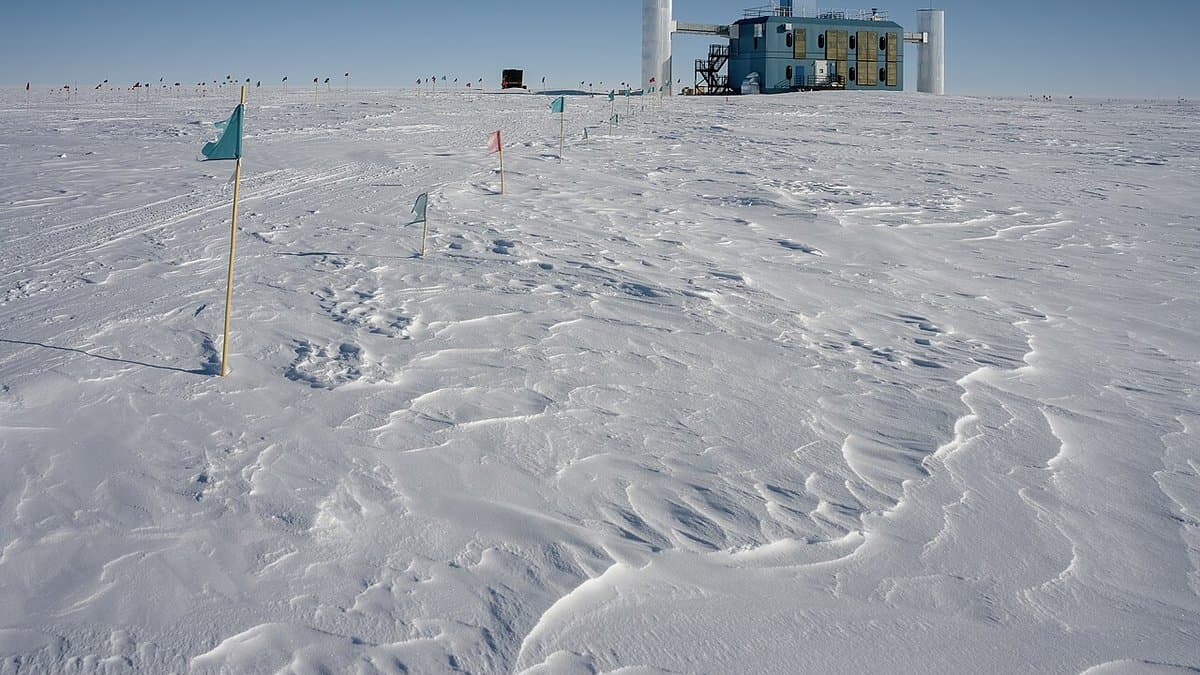 The IceCube Laboratory, a boxy building raised on stilts, standing alone on the flat Antarctic ice sheet at the South Pole, with survey flags in the foreground.