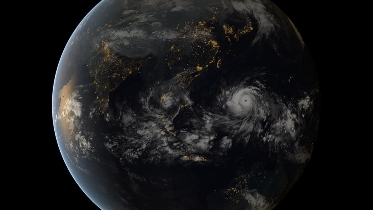 Satellite view of Typhoon Haiyan, a vast spiral storm with a clear eye, approaching the Philippines