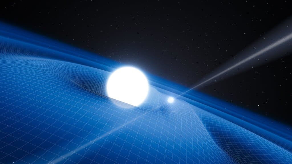 Artist's impression of a pulsar and a white dwarf orbiting each other: a brilliant white star beside a tiny neutron star firing narrow beams into space, both sitting in a warped blue grid representing curved spacetime