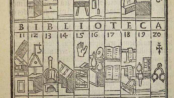Detail of a 1533 printed woodcut: a horizontal band of ten numbered compartments, 11 to 20, headed by the letters spelling BIBLIOTECA. Each compartment holds a different small drawn object, including stacked books, a lectern, an open hand, an open book, a pair of spectacles and a cross.