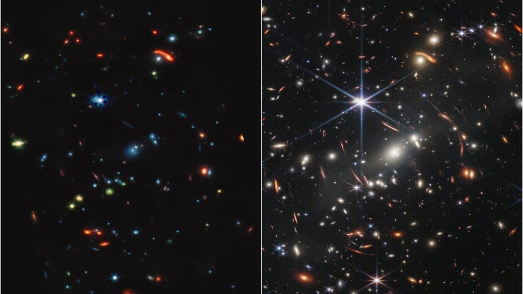 Two side-by-side Webb infrared views of the same deep field, crowded with distant galaxies against black space