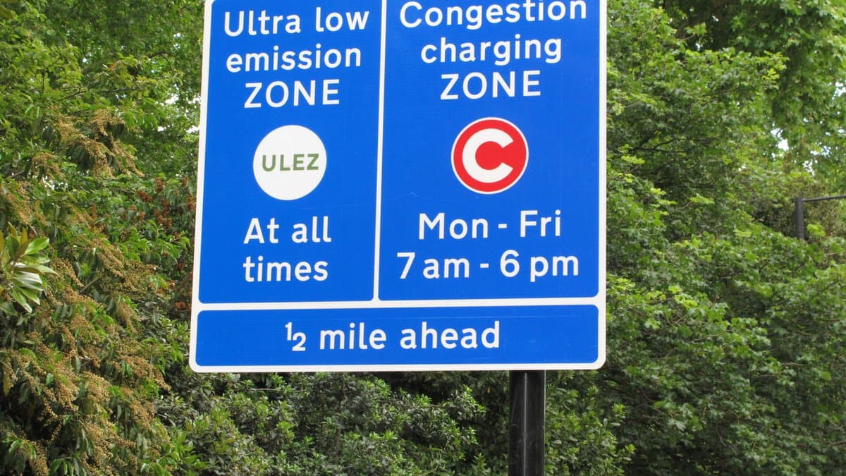 Road sign on a London street marking the boundary of the ultra low emission zone