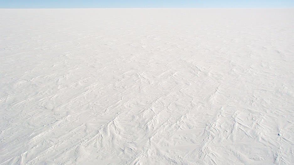 A flat, wind-textured expanse of snow stretching to the horizon under a clear blue sky on the East Antarctic plateau.