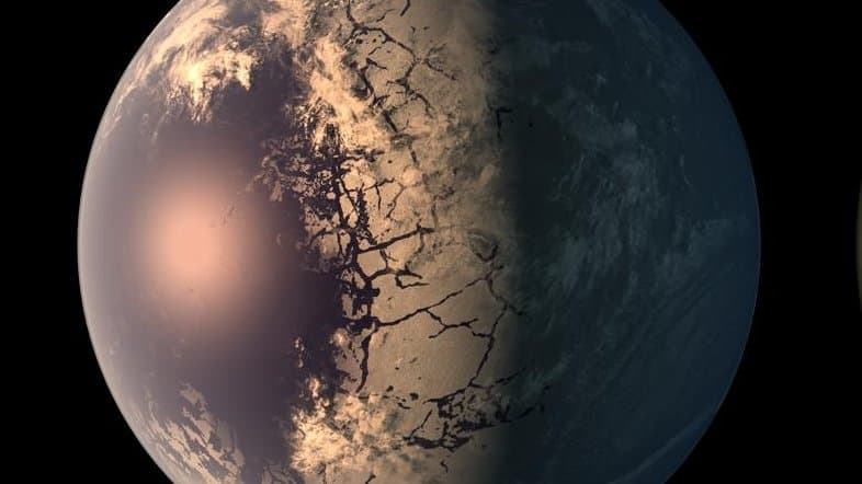 Artist's concept of the exoplanet TRAPPIST-1 f, a rocky world lit by a small red star