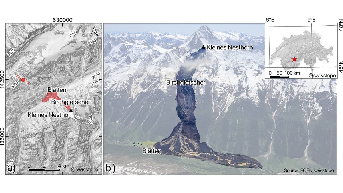Map and aerial photograph of the Birchgletscher rock-ice avalanche, its dark deposit running down from Kleines Nesthorn and spreading across the valley floor over the village of Blatten