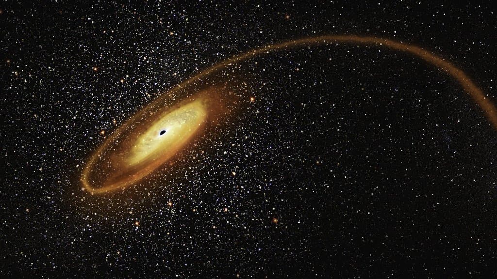 Artist's illustration of a supermassive black hole surrounded by a bright golden disc of stellar debris, with a long stream of glowing gas arcing away across a star field.