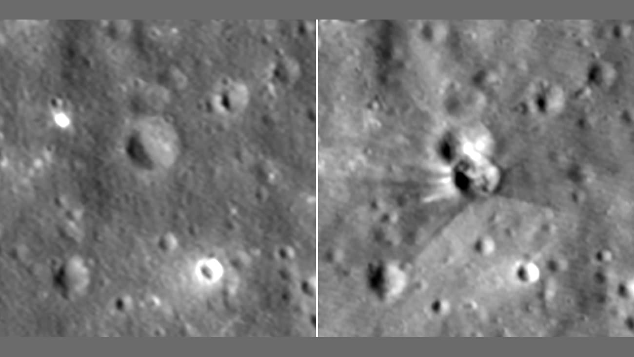 Two side-by-side Lunar Reconnaissance Orbiter Narrow-Angle Camera views of the same patch of grey lunar surface: on the left the ground before the impact, on the right the same ground with a small new crater at its centre and dark streaky rays fanning outward around a bright wedge of ejecta.