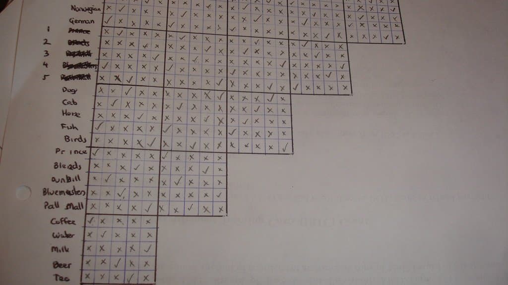 A hand-drawn deduction grid for Einstein's logic puzzle on paper, its rows labelled with nationalities, pets, cigarette brands and drinks and its cells filled in with pencil ticks and crosses.