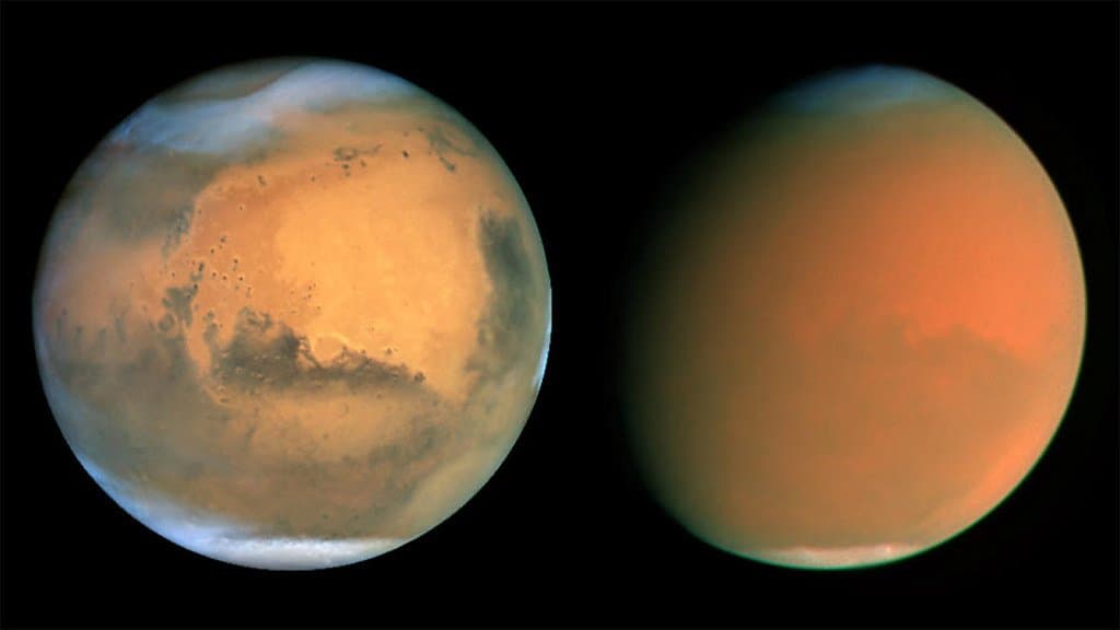 Two Hubble Space Telescope views of Mars side by side: at left the planet shows dark surface markings through a clear atmosphere; at right the same planet is almost featureless, shrouded by a planet-encircling dust storm.