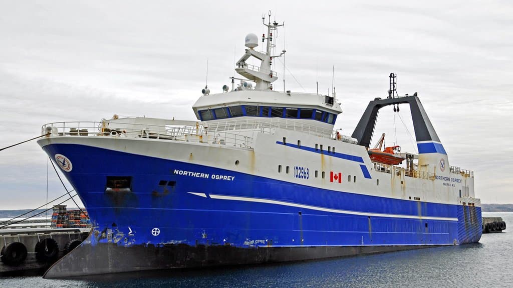 A large blue and white stern trawler tied up alongside a quay, its net gantry and gear visible at the stern.