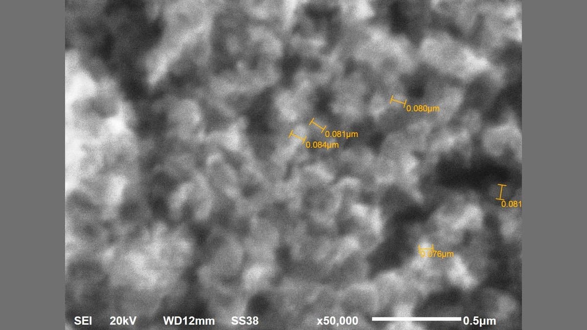 Micrograph of soot particles emitted by car engines, showing clustered carbon aggregates against a pale background.