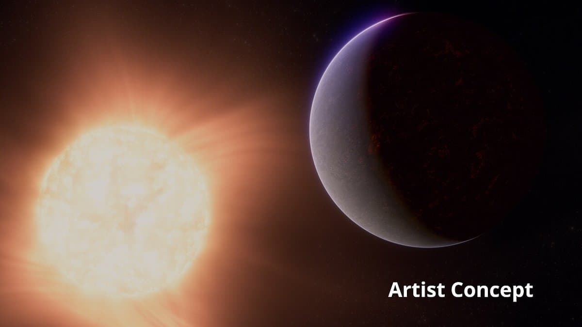 Artist's concept of a rocky planet close to a bright orange star, its night side glowing dull red with molten rock and a thin bright crescent of atmosphere along its limb.