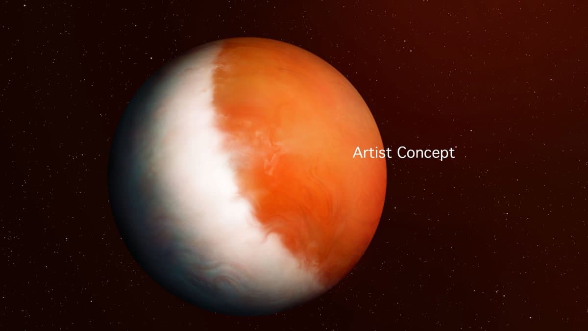 An artist's concept of an ultra-hot Neptune-sized planet, its lit face orange and streaked with white cloud, against a dark red starfield. The words 'Artist Concept' are printed beside the planet.