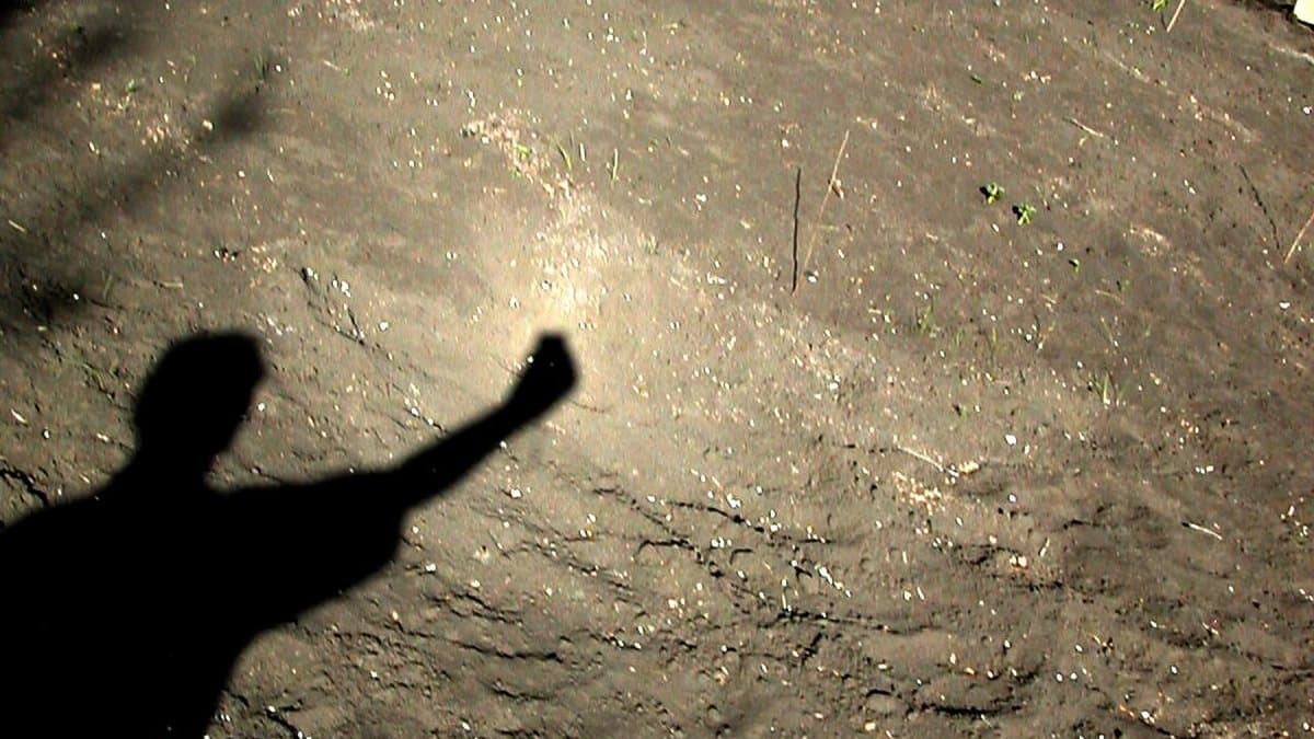 A bright oval patch of glowing soil on a bare garden plot, directly beyond the raised arm of the photographer's own shadow.