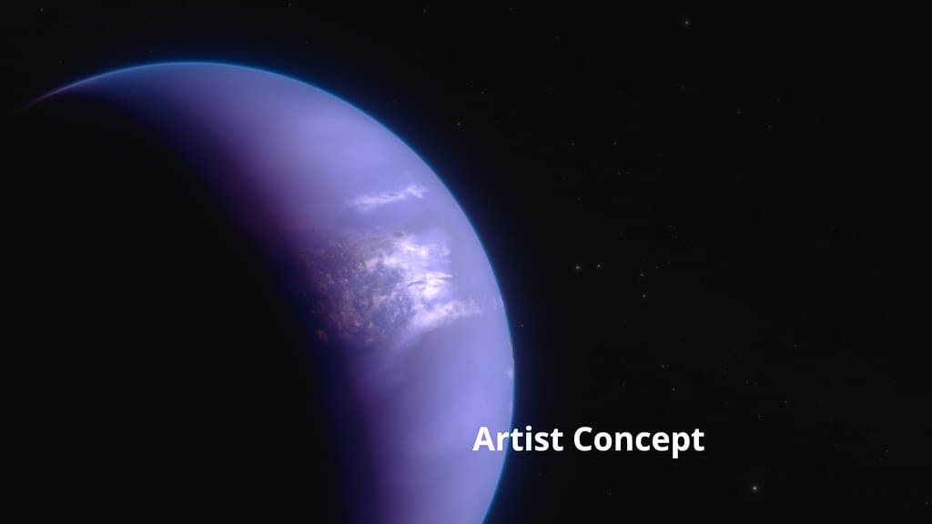 Artist's concept of a hot giant planet, a blue and violet crescent streaked with cloud, lit along one limb by its nearby star.