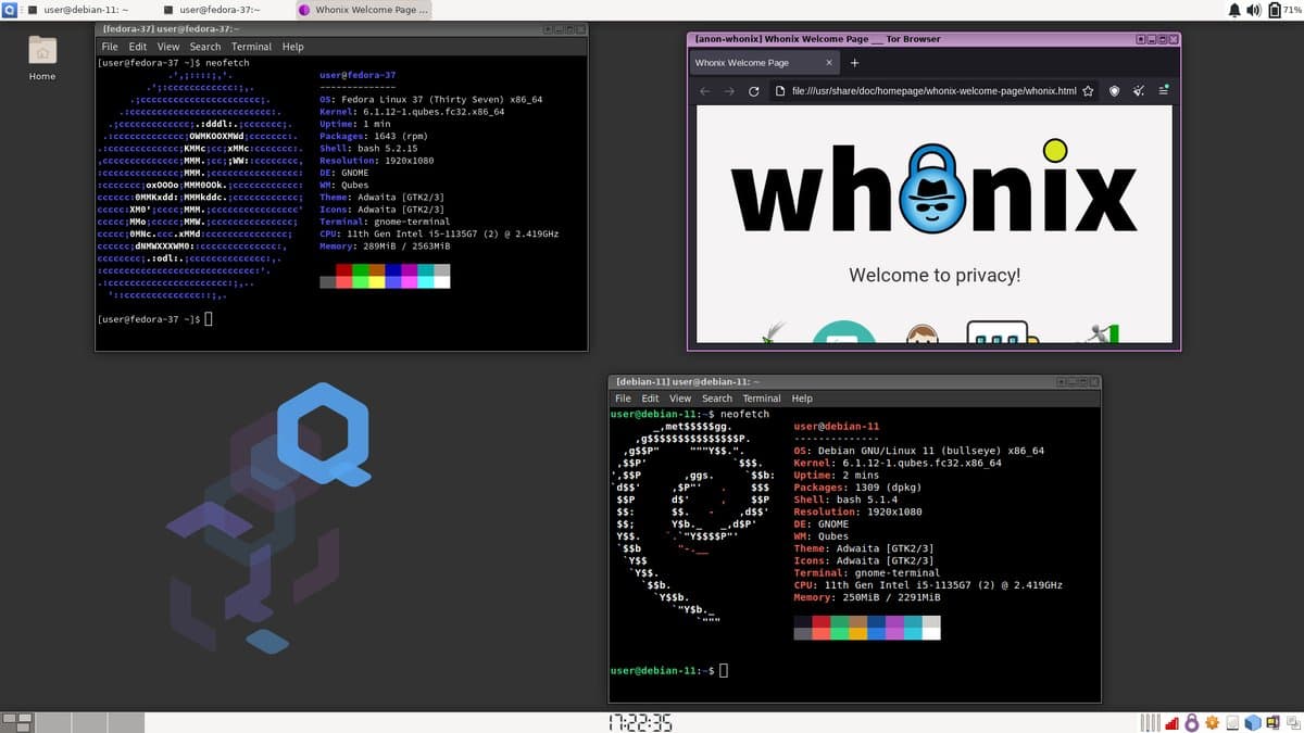 A Qubes OS desktop showing several terminal windows with differently coloured window borders arranged over a wallpaper carrying the Qubes cube logo.