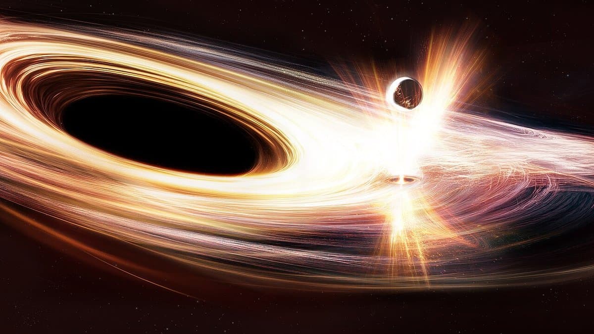 Artist's impression of a supermassive black hole encircled by a bright swirling disc of gas, with two intense flares of light bursting from the disc where a small dark body crosses it.