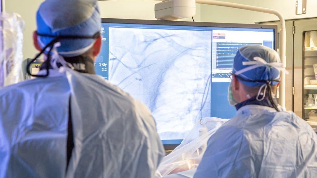 Two gowned and capped clinicians in a cardiac catheterisation laboratory watch a large monitor showing a live X-ray image of a catheter inside a patient's chest, with heart-rhythm traces displayed beside it.