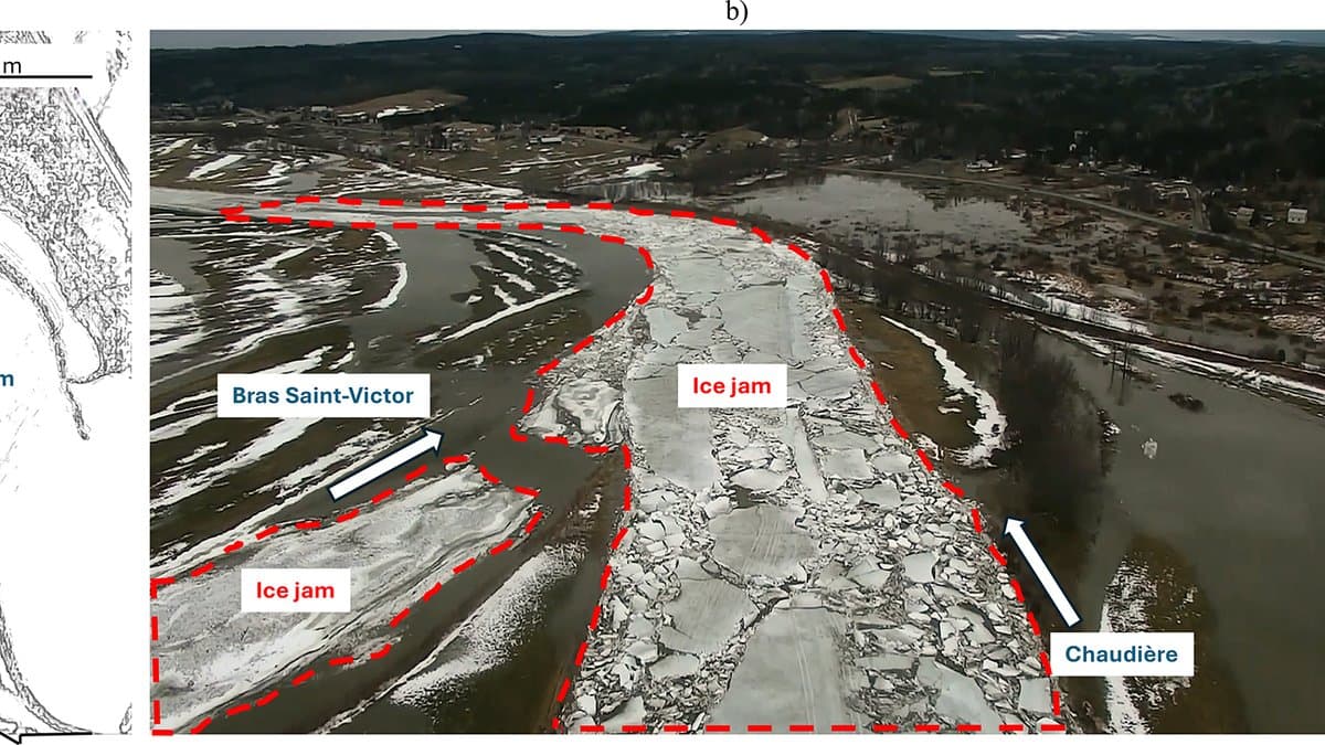 Aerial drone photograph of a Quebec river confluence packed with broken slabs of river ice; a red dashed line outlines the ice jam, with flooded low ground and bare woodland beyond.