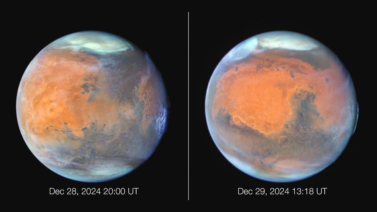 Two side-by-side Hubble Space Telescope photographs of Mars, each showing the rust-orange disc with a bright white polar cloud cap and a pale blue-white haze of atmosphere around the limb; the dates 28 and 29 December 2024 are printed beneath them.