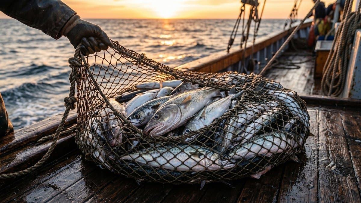 Gloved hands lift a fishing net full of silvery fish onto the wooden deck of a boat, with open sea and a low sun behind.