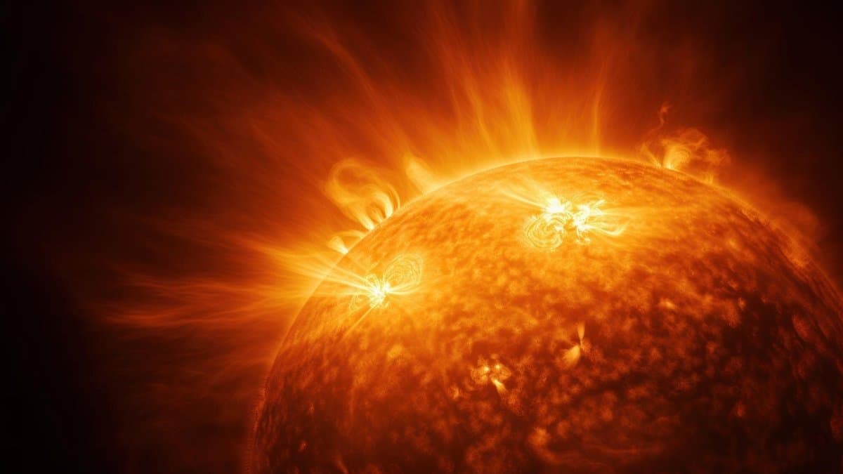 Close-up of the Sun: a glowing orange limb crossing the frame with bright loops and streamers of plasma arcing off the surface into black space.