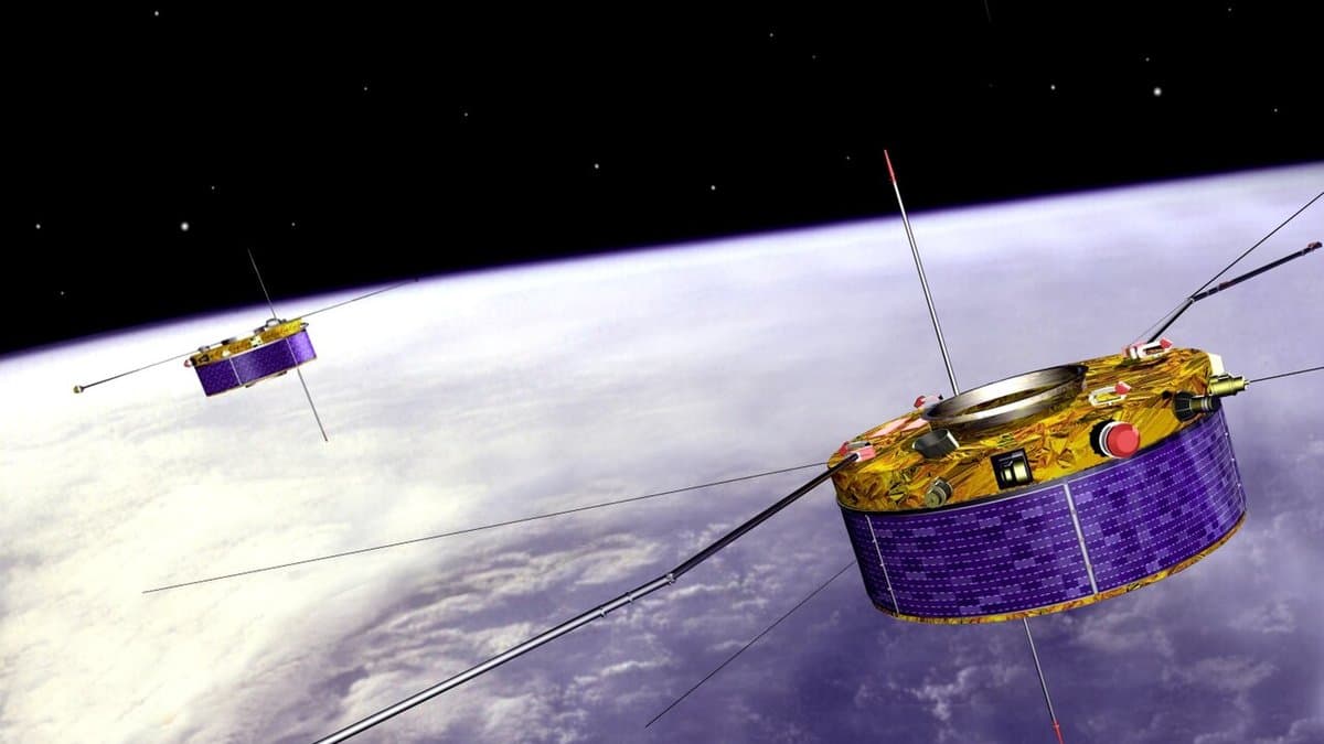 Illustration of disc-shaped Cluster satellites with long antenna booms and side-mounted solar panels orbiting above the cloud-covered curve of Earth.