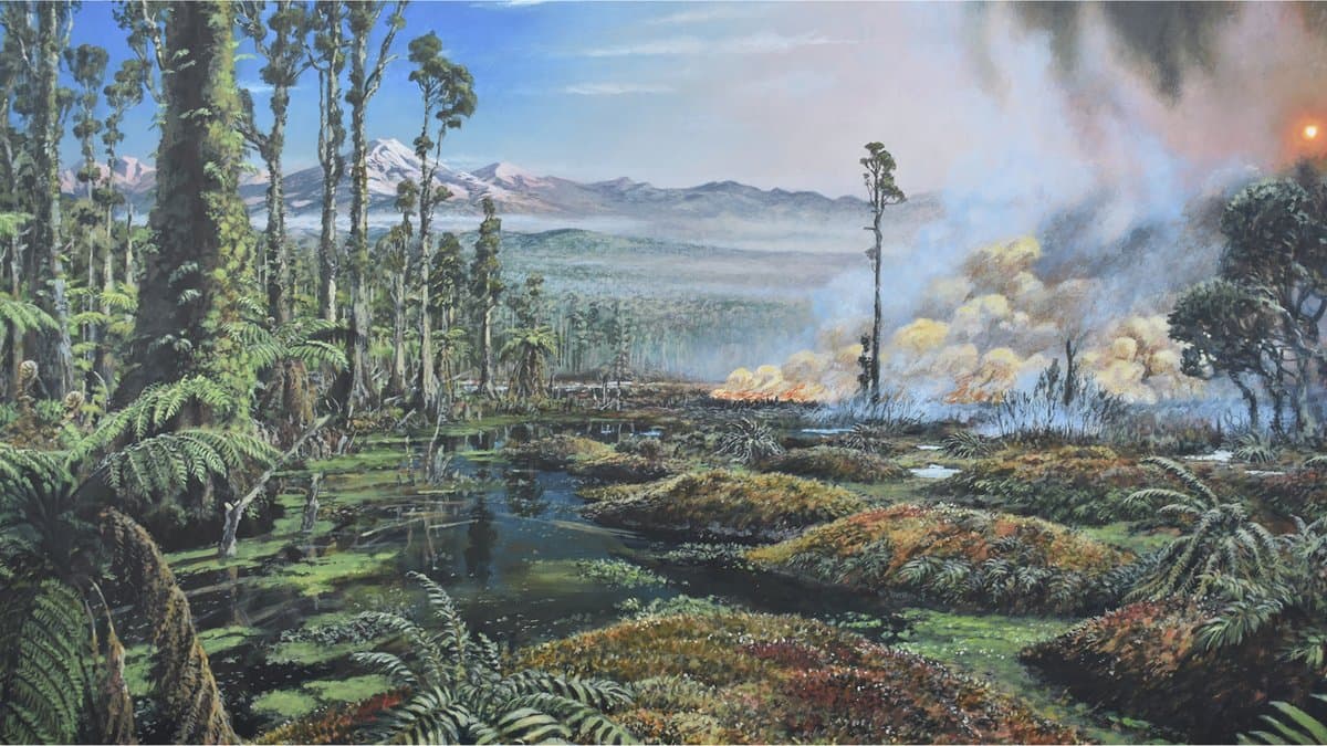 Painted reconstruction of a Late Cretaceous West Antarctic landscape: tree ferns and conifers around a boggy, moss-covered wetland, with a low surface fire and pale smoke drifting through open vegetation in the middle distance and snow-capped mountains behind.