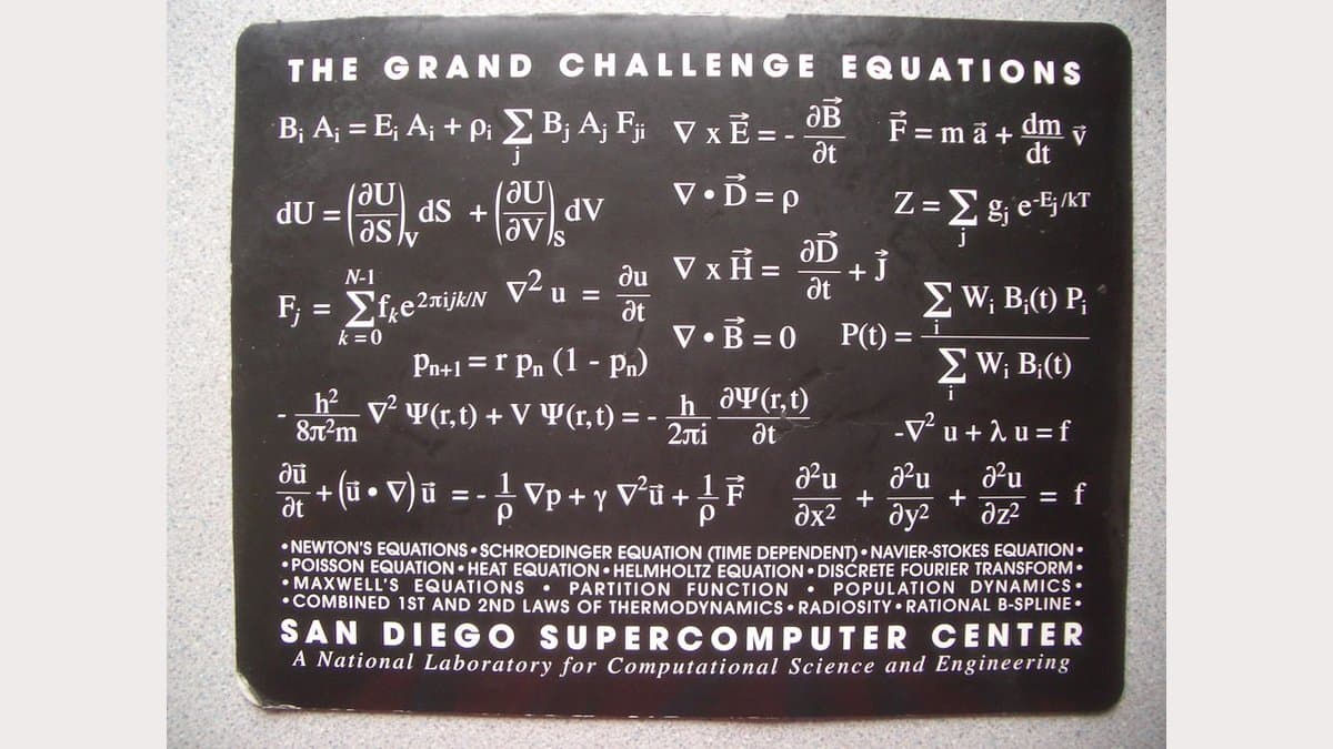 Photograph of a black plaque headed The Grand Challenge Equations at the San Diego Supercomputer Center, listing more than a dozen equations of physics and computation, among them the Navier-Stokes equation.