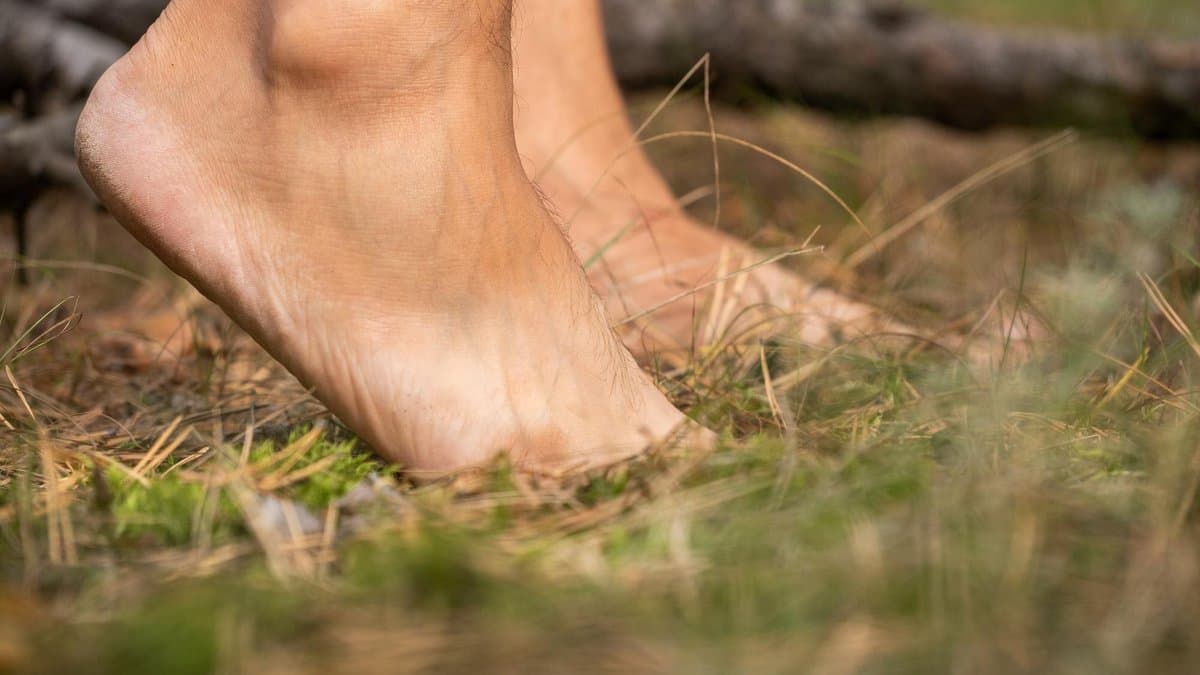 Close-up of a person's bare feet mid-step on grassy forest ground, the near heel raised and the far foot flat