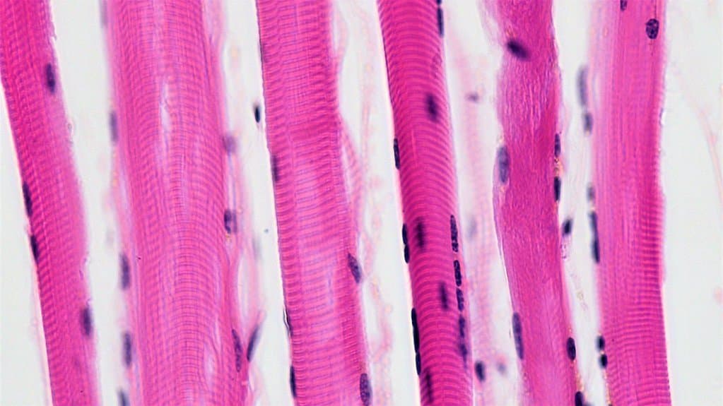 Light micrograph of parallel skeletal muscle fibers stained pink, showing cross striations and dark elongated nuclei along their edges.
