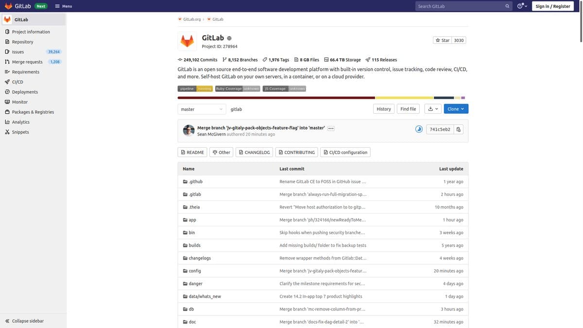 Screenshot of the GitLab web interface showing a project page with a sidebar menu and a list of repository files and folders.