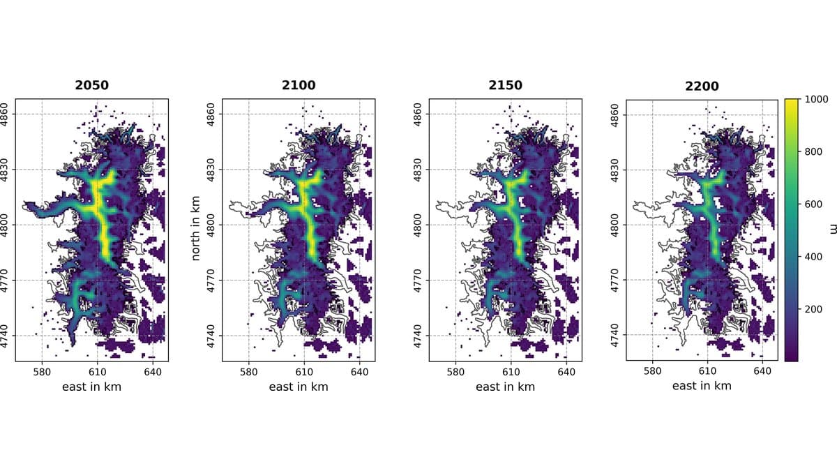 Four map panels showing modeled ice thickness of the Northern Patagonian Icefield in 2050, 2100, 2150 and 2200, shaded from purple for thin ice to yellow for ice about 1,000 meters thick, with the ice thinning to a narrow central spine by 2200.