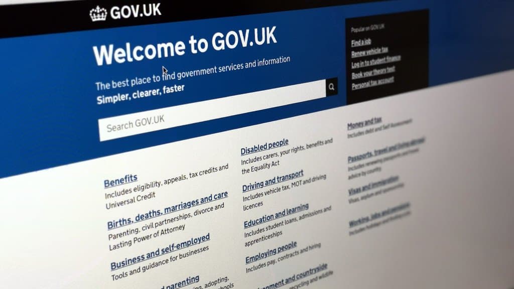 A desktop screen showing the GOV.UK homepage, with the GOV.UK crown logo, a welcome headline and a search box for government services.