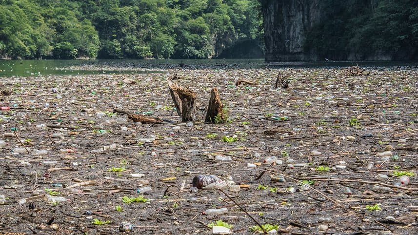 A river surface covered edge to edge with floating plastic bottles, foam and woody debris, with a forested limestone canyon wall rising behind.