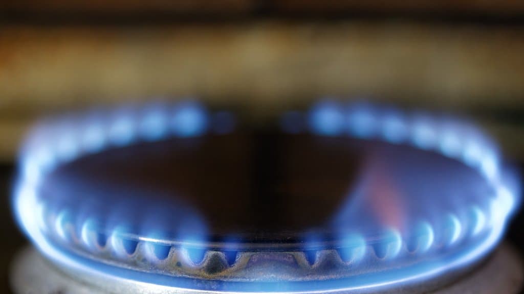A ring burner on a gas stove, its ports lit with a blue natural gas flame.