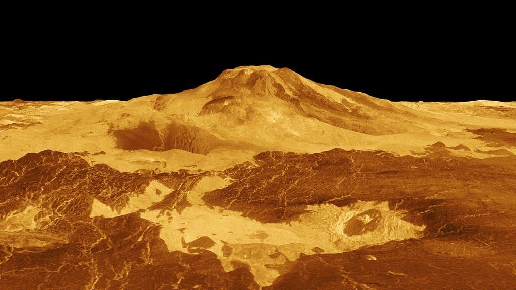 A computer-generated perspective view of a volcano rising above the plains of Venus, built from Magellan radar data.