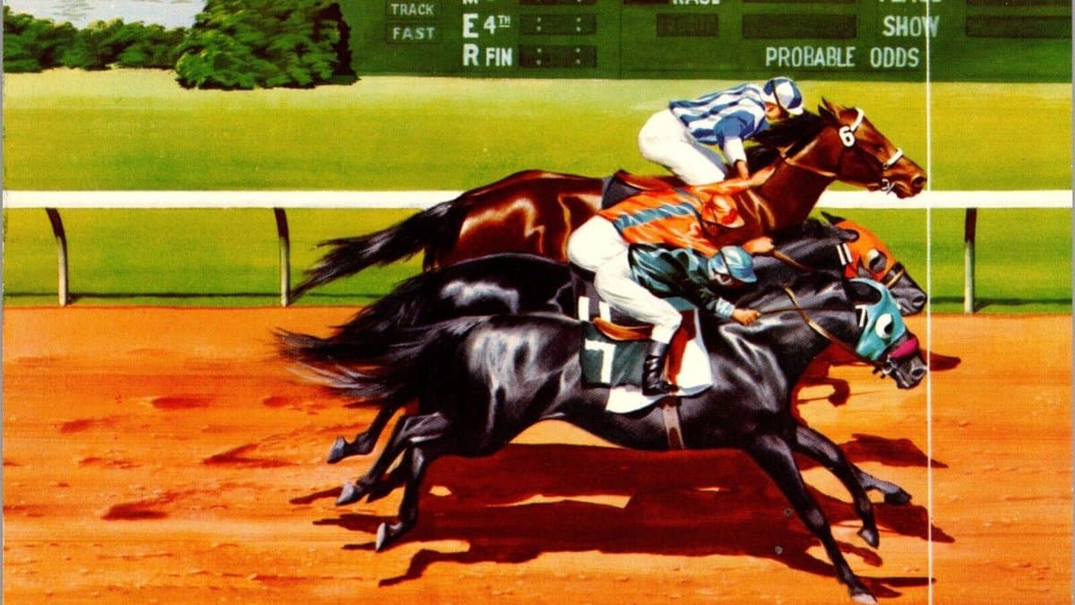 A painted racetrack postcard showing three racehorses crossing the finish line exactly level, with the track odds board behind them.